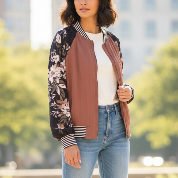 Saltwater Luxe by Anthropologie Floral Bomber Jacket Medium Rust Black Zip Front - Picture 1 of 8